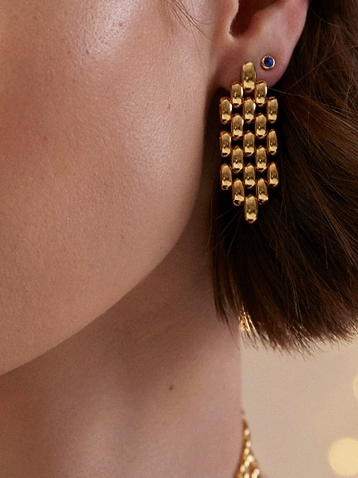 Hollow Boncuklu Zincir Küpe Altın Titanyum Çelik