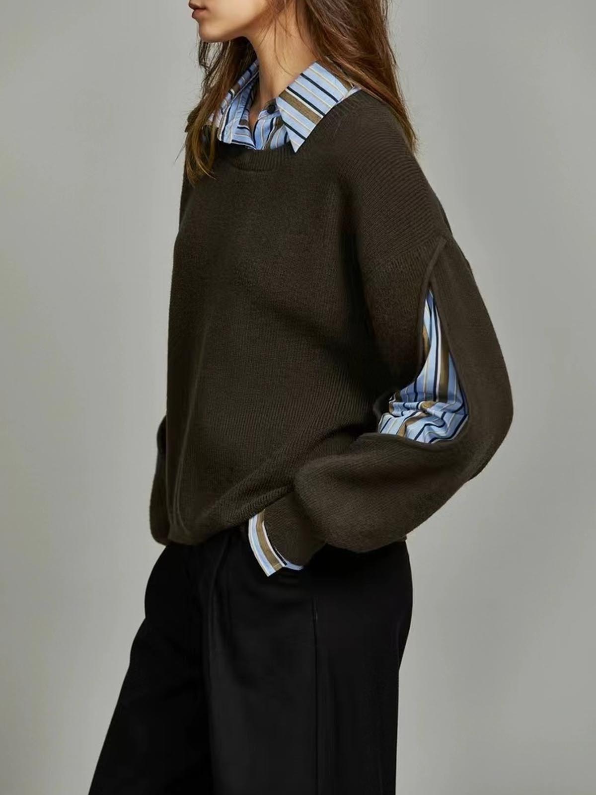 2'si 1 Arada Ribanalı Kesik Kazak Koyu Kahverengi Renk Bloklu