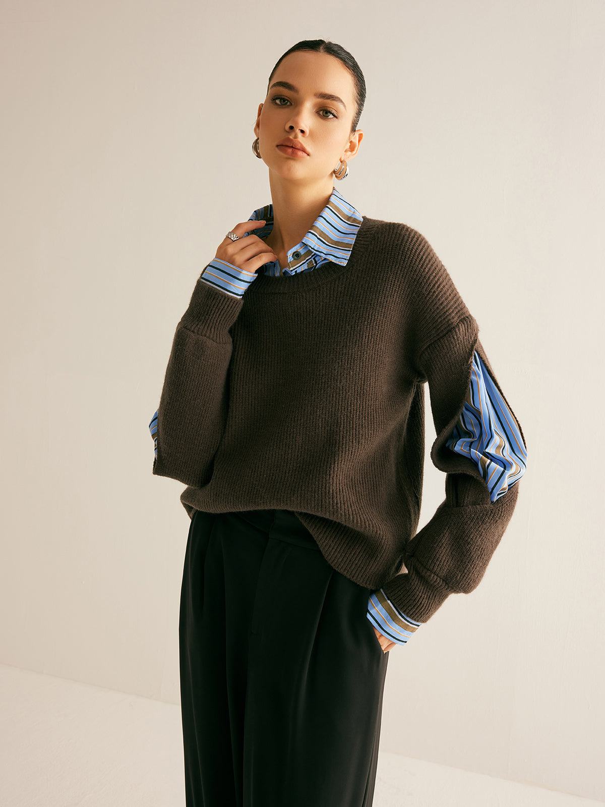 2'si 1 Arada Ribanalı Kesik Kazak Koyu Kahverengi Renk Bloklu