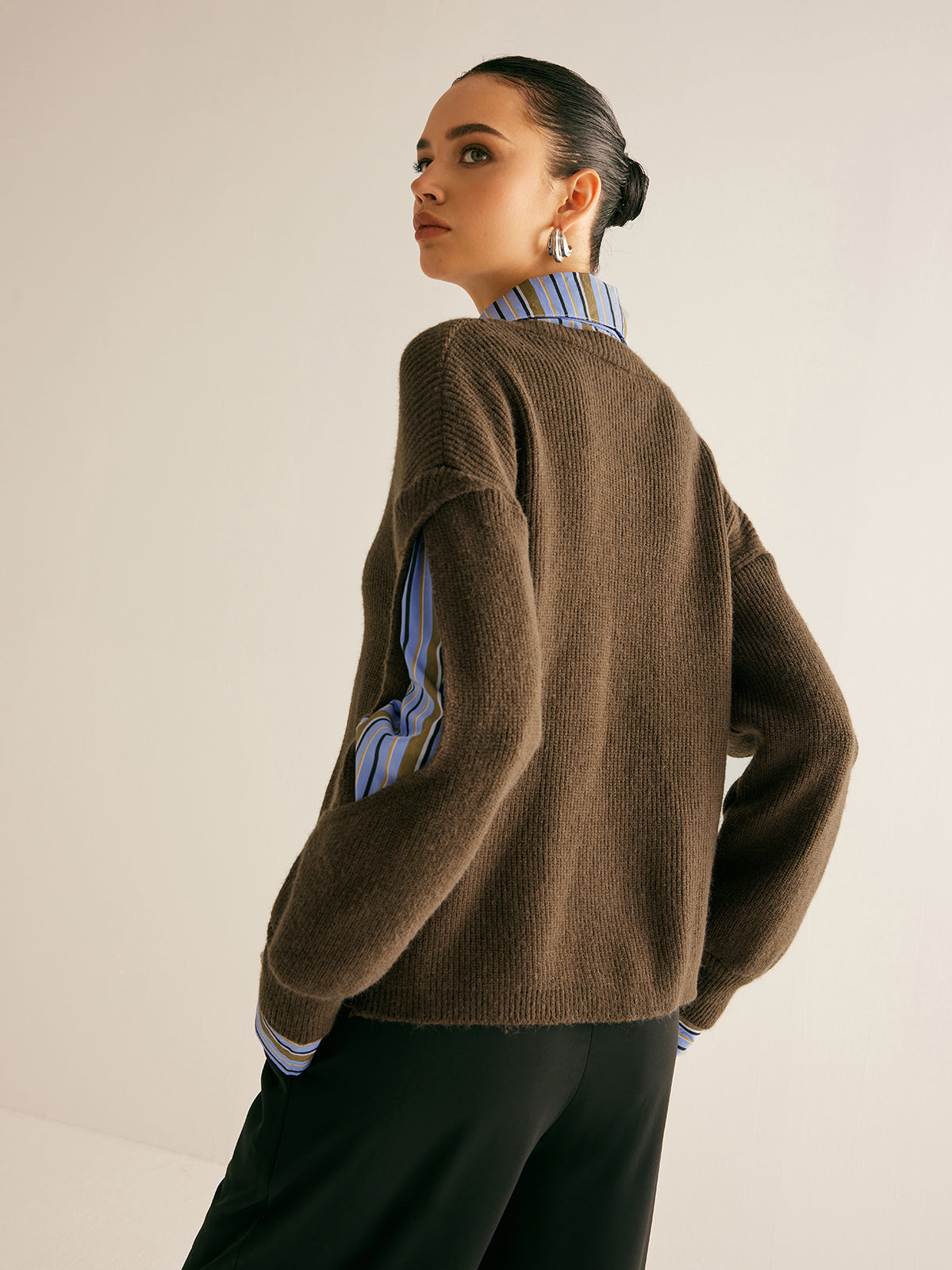 2'si 1 Arada Ribanalı Kesik Kazak Koyu Kahverengi Renk Bloklu