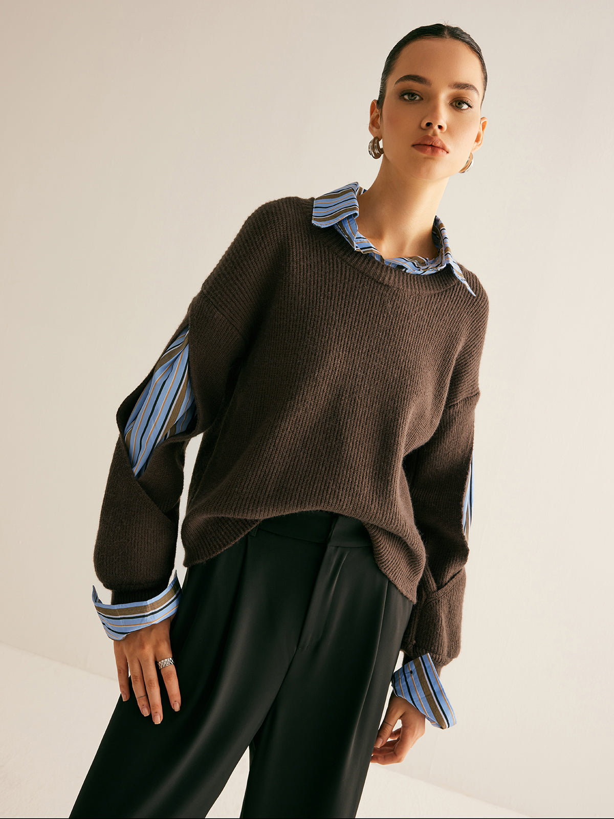 2'si 1 Arada Ribanalı Kesik Kazak Koyu Kahverengi Renk Bloklu