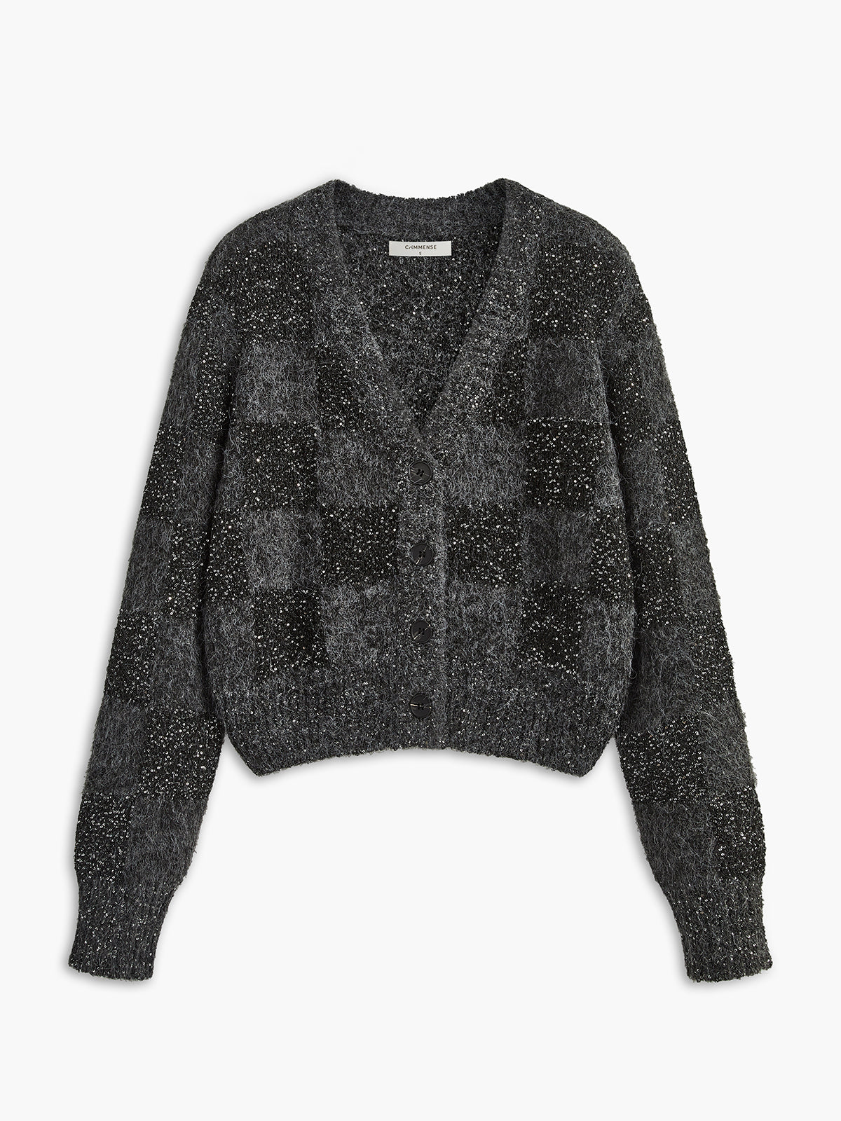 Geometrik Desenli Payetli Triko Hırka Gri Uzun Kollu