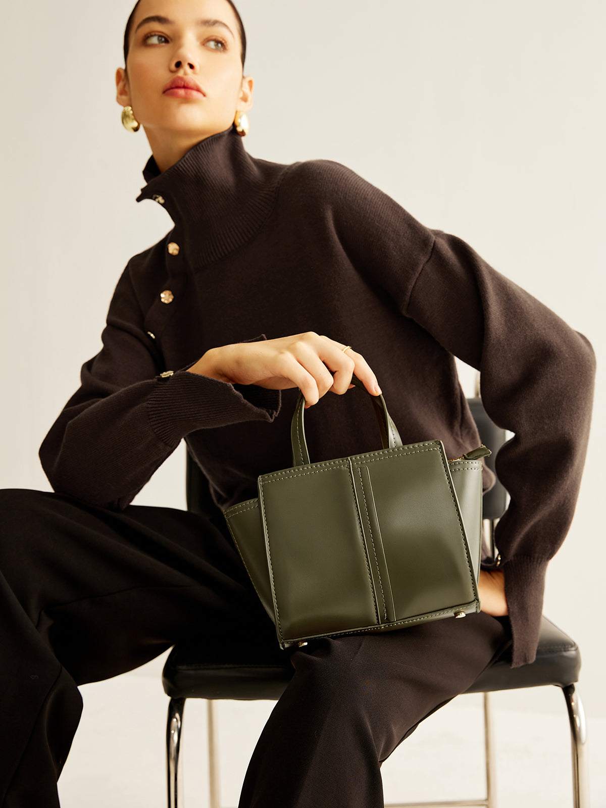 Vintage İki Yönlü Fermuarlı Çanta Haki Suni Deri