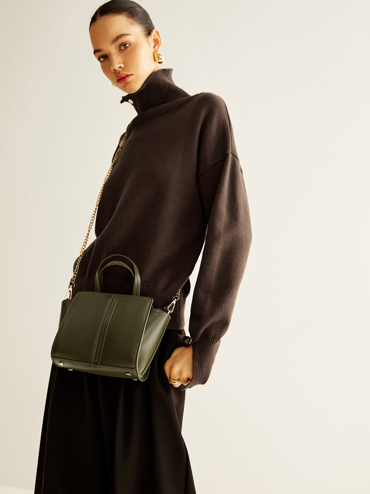 Vintage İki Yönlü Fermuarlı Çanta Haki Suni Deri