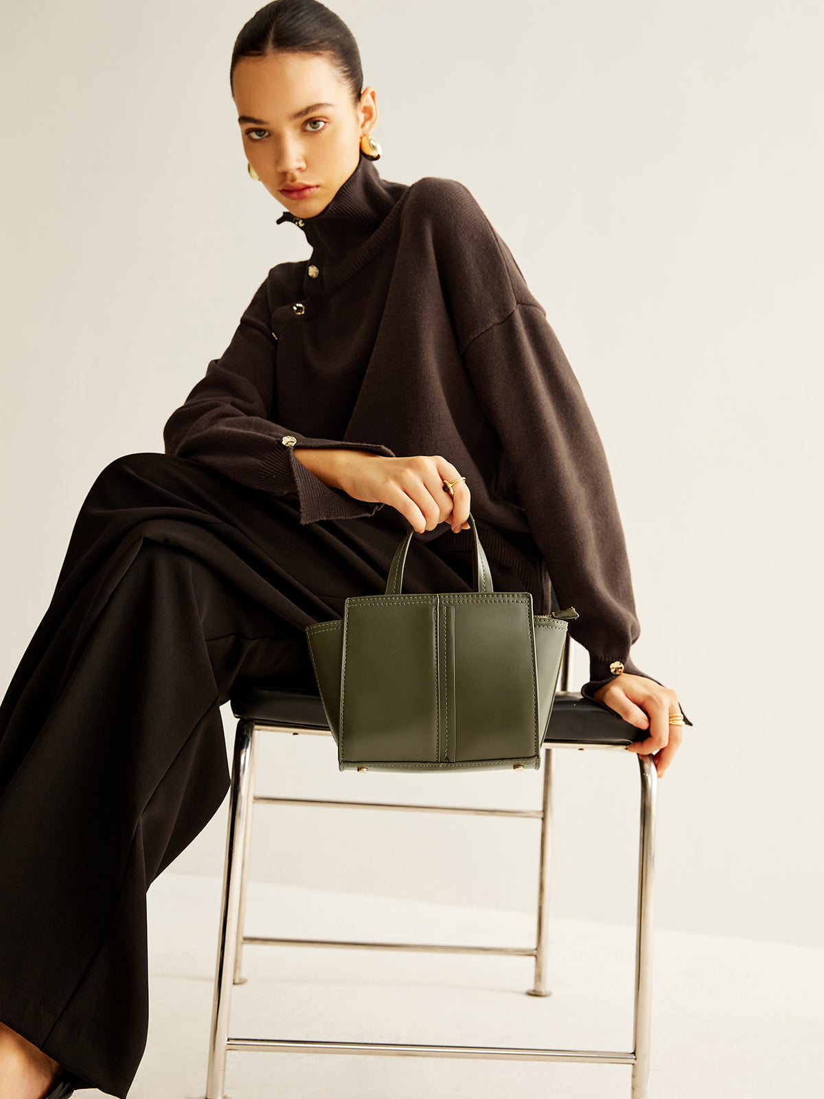 Vintage İki Yönlü Fermuarlı Çanta Haki Suni Deri