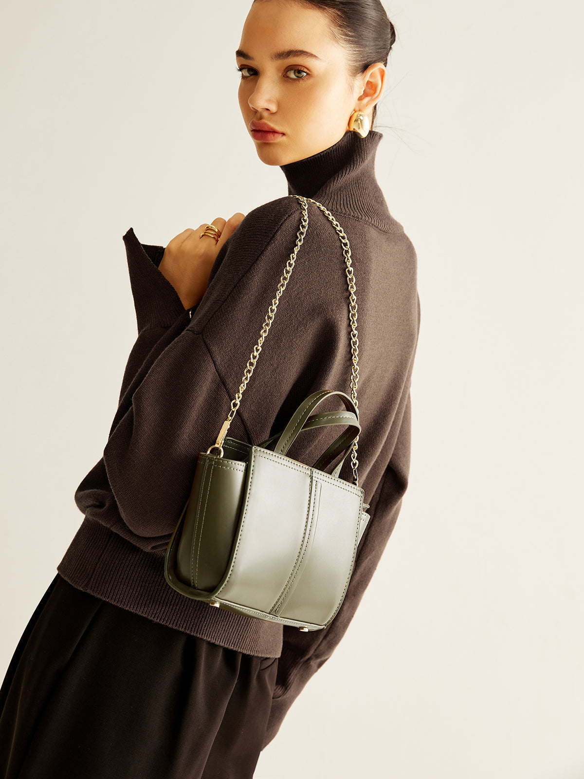 Vintage İki Yönlü Fermuarlı Çanta Haki Suni Deri