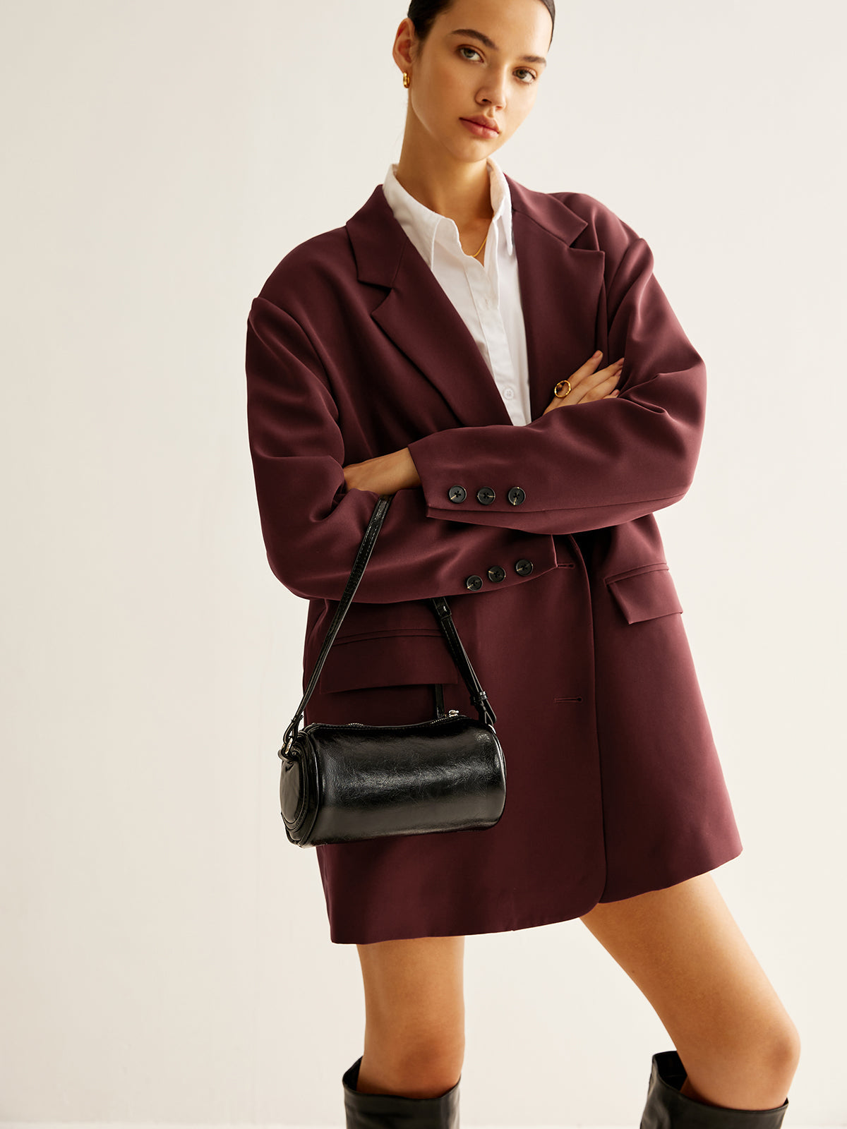 Silindirik Fermuarlı Bowling Omuz Çantası Siyah