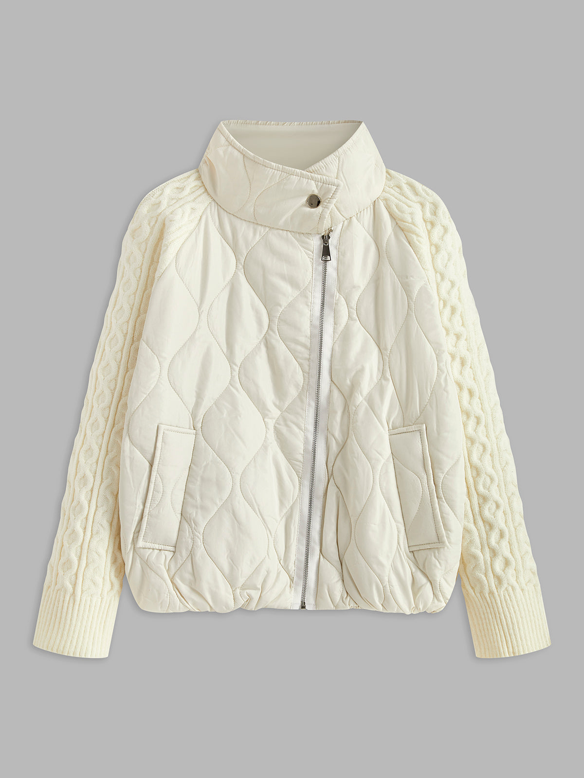 Düğmeli Klipsli Yaka Panelli Örgü Hırka Ekru Fermuarlı