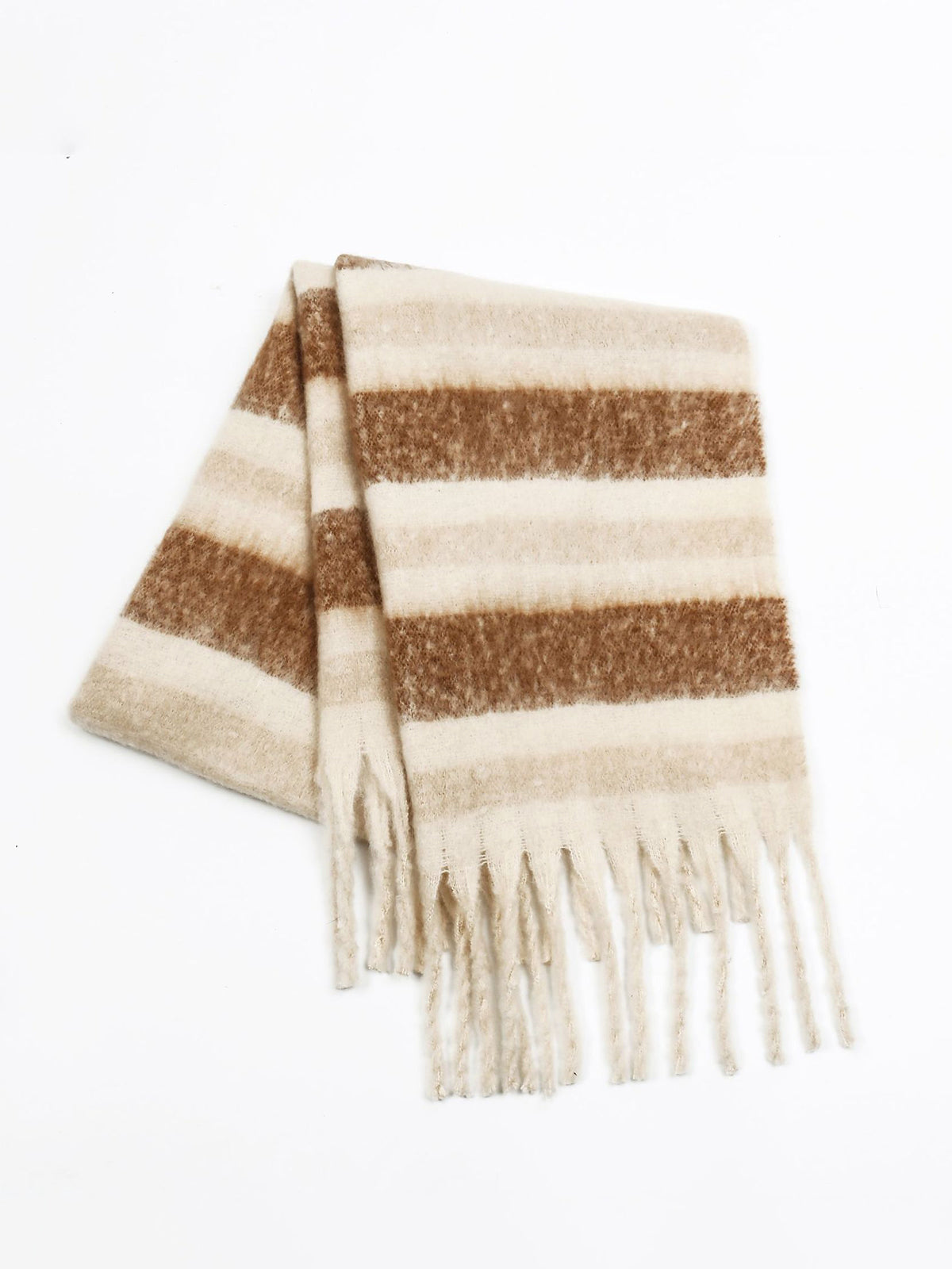 Renk Bloklu Çizgili Ponponlu Şal