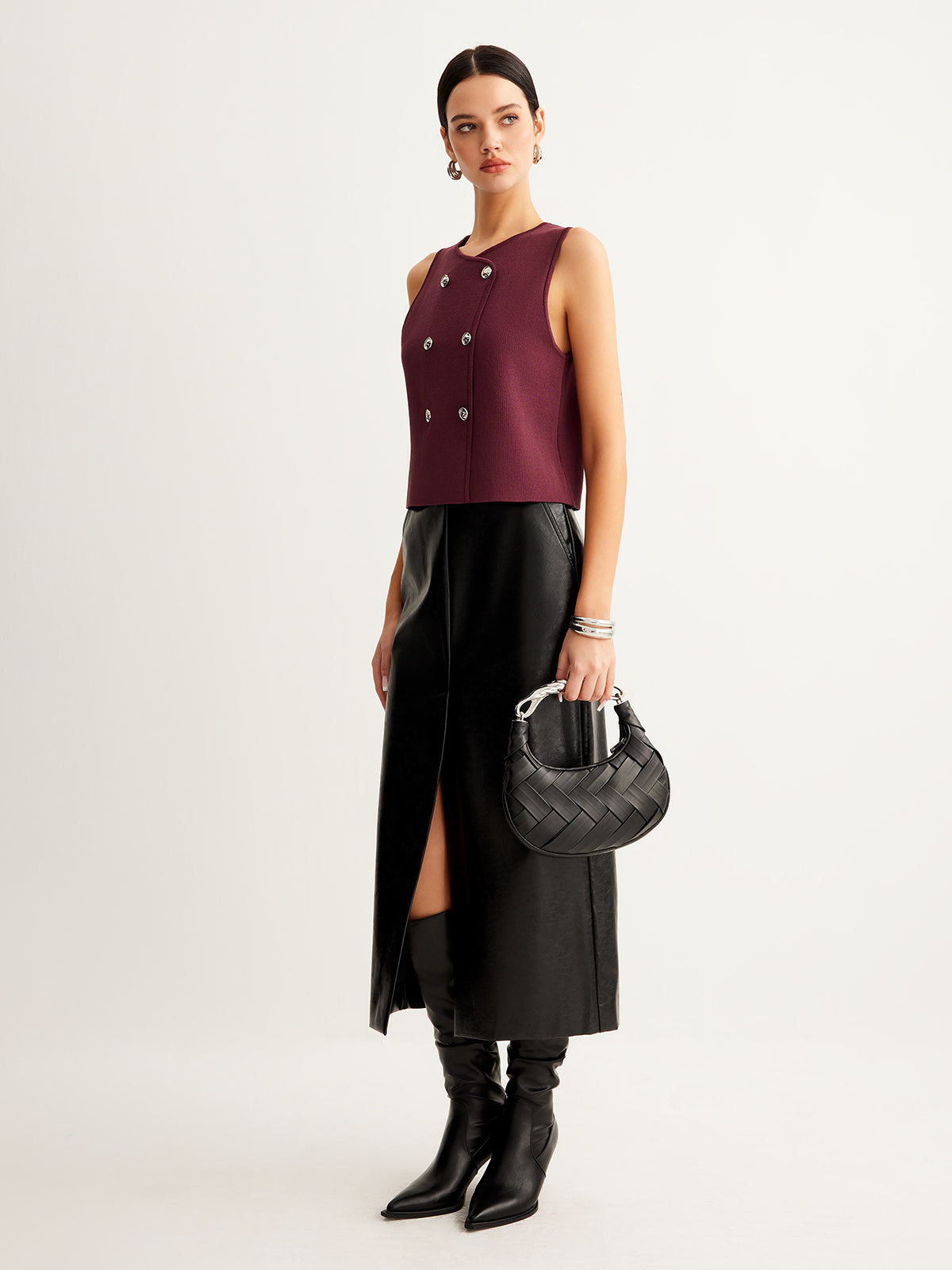 Düğmeli Kazak Yelek Bordo Jarse Kumaş