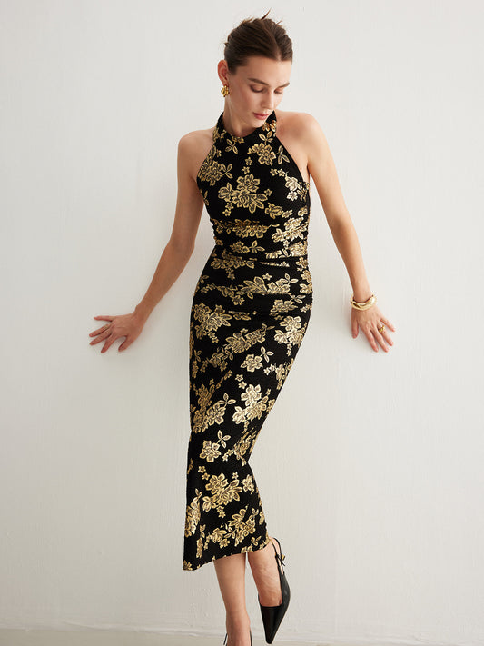 Retro Sırt Açık Dar Halter Abiye Elbise