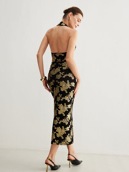 Retro Sırt Açık Dar Halter Abiye Elbise