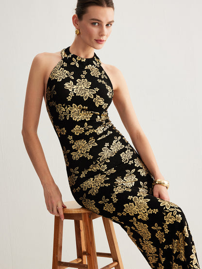 Retro Sırt Açık Dar Halter Abiye Elbise