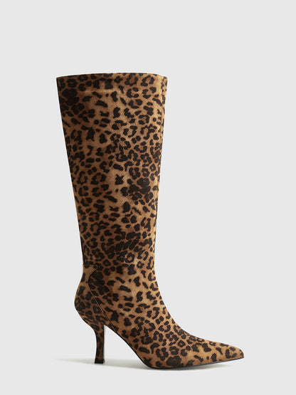 Leopar Desenli Diz Üstü Fermuarlı Çizme