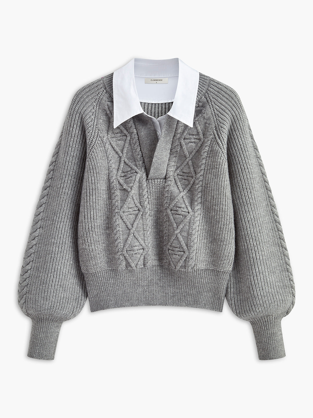 Kontrast Yakalı Triko Üst Gri Uzun Kollu