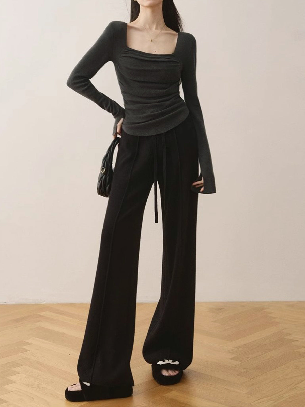 Pamuk Kare Yaka Dar Kazak Gri Uzun Kol