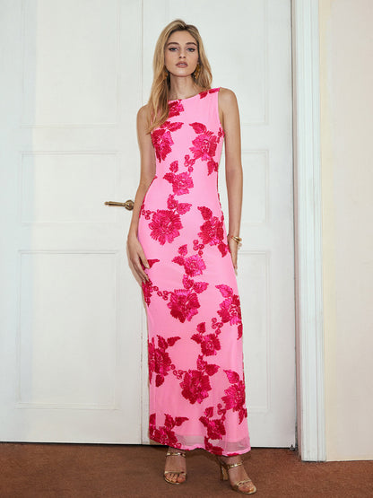 Romantik Çiçekli Kolsuz File Abiye Elbise