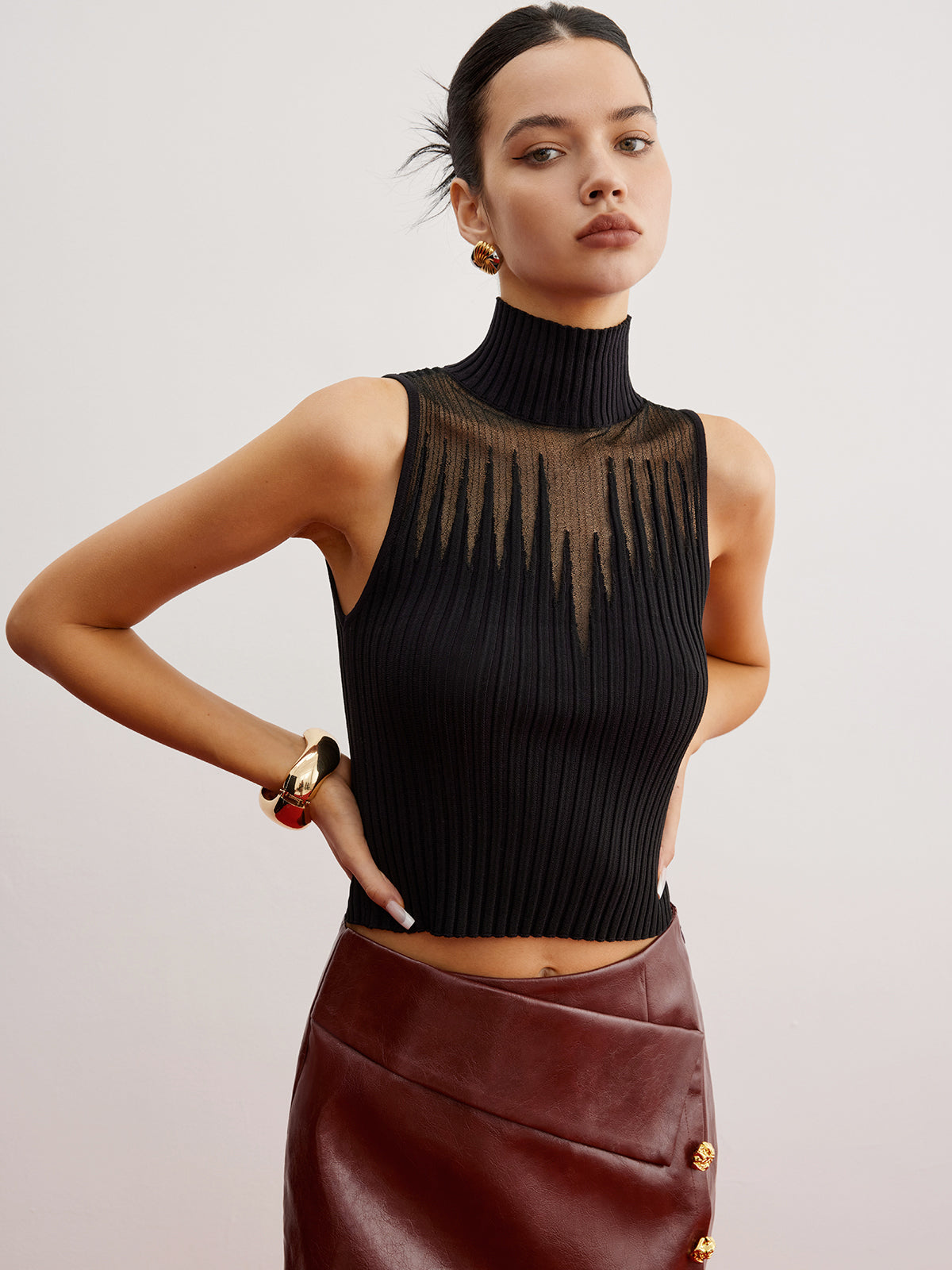 Şeffaf Panel Kazak Yelek Siyah Kısa Kesim