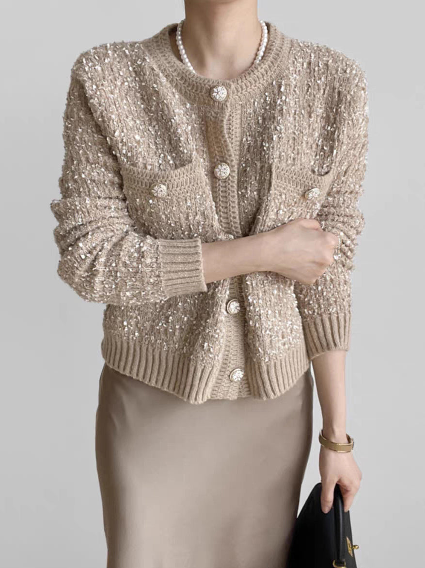 Taş Detaylı Düğmeli Hırka Haki Uzun Kollu