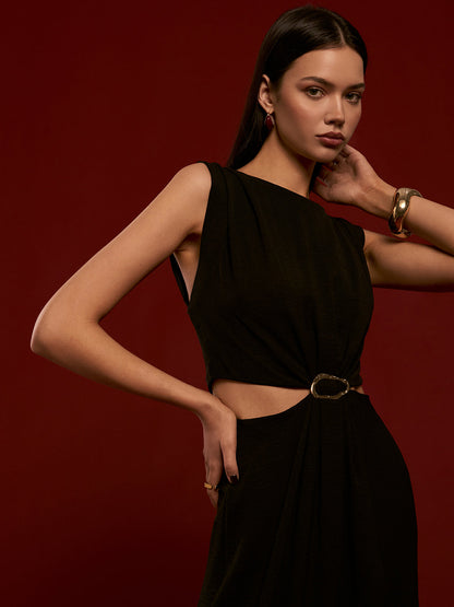 Metal Halkalı Kesik Vual Şifon Abiye Elbise