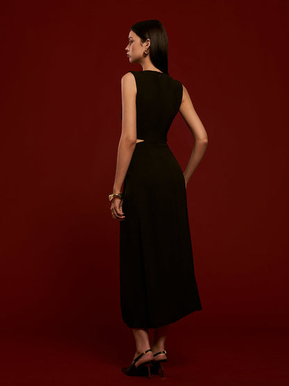 Metal Halkalı Kesik Vual Şifon Abiye Elbise