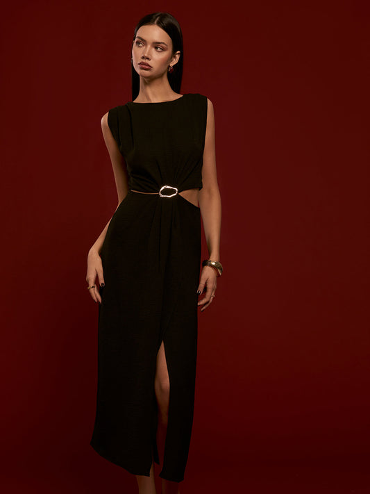 Metal Halkalı Kesik Vual Şifon Abiye Elbise