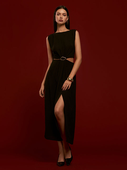 Metal Halka Kesik Piliseli Abiye Elbise