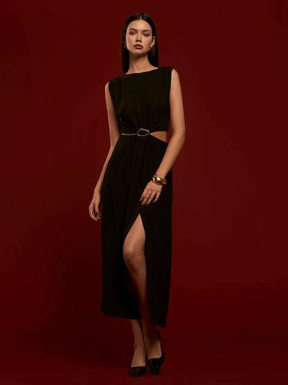 Metal Halkalı Kesik Vual Şifon Abiye Elbise