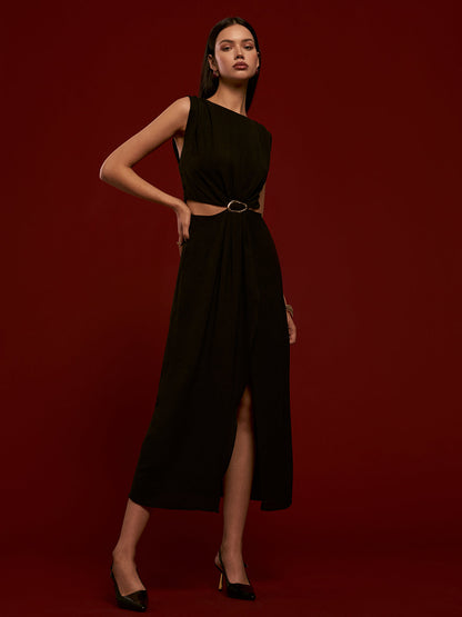 Metal Halkalı Kesik Vual Şifon Abiye Elbise