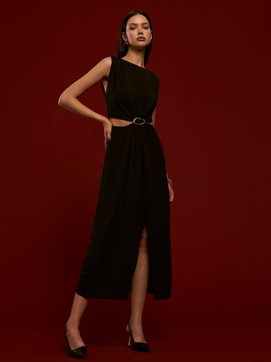 Metal Halkalı Kesik Vual Şifon Abiye Elbise