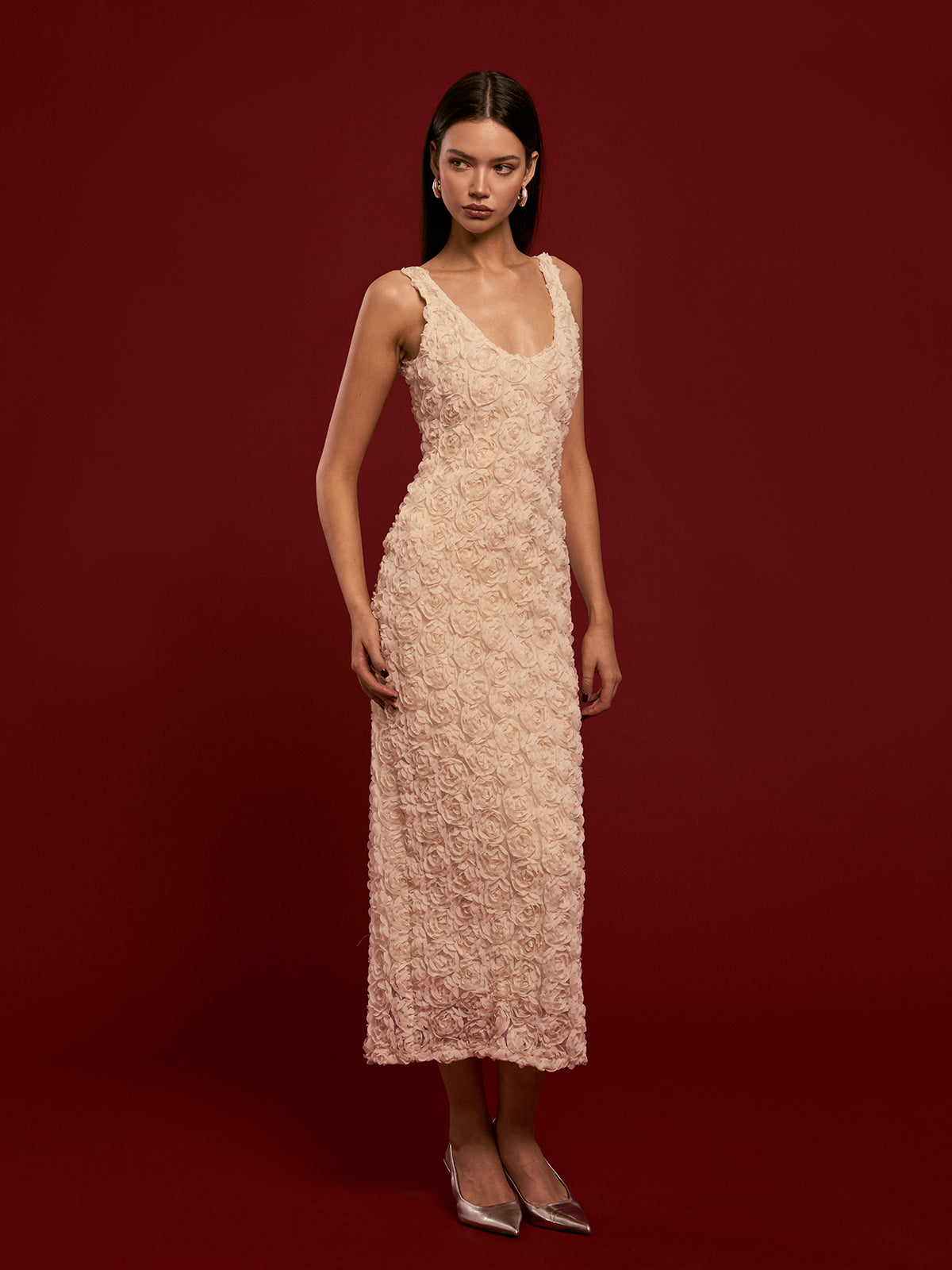 Romantik 3D Çiçekli Abiye Askılı Elbise