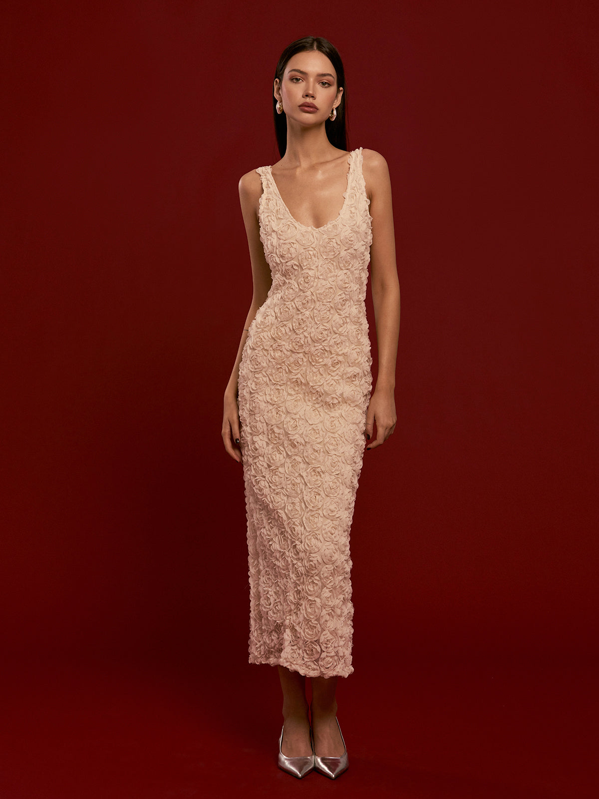 Romantik 3D Çiçekli Abiye Askılı Elbise