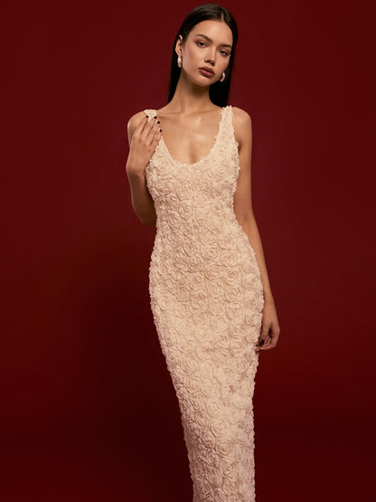 Romantik 3D Çiçekli Abiye Askılı Elbise