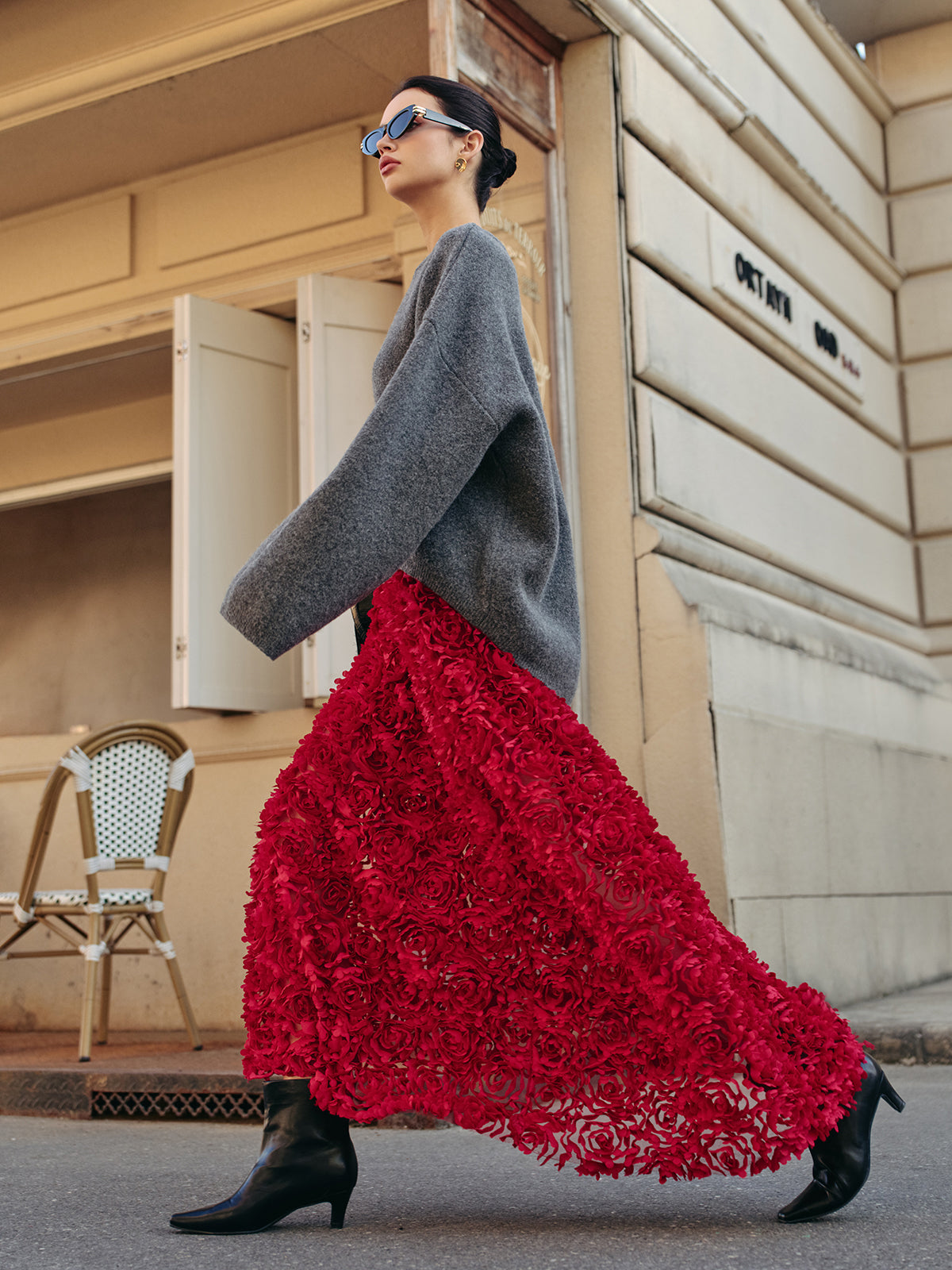 Yüksek Bel Gül Desenli Maxi Etek Kırmızı Jakarlı