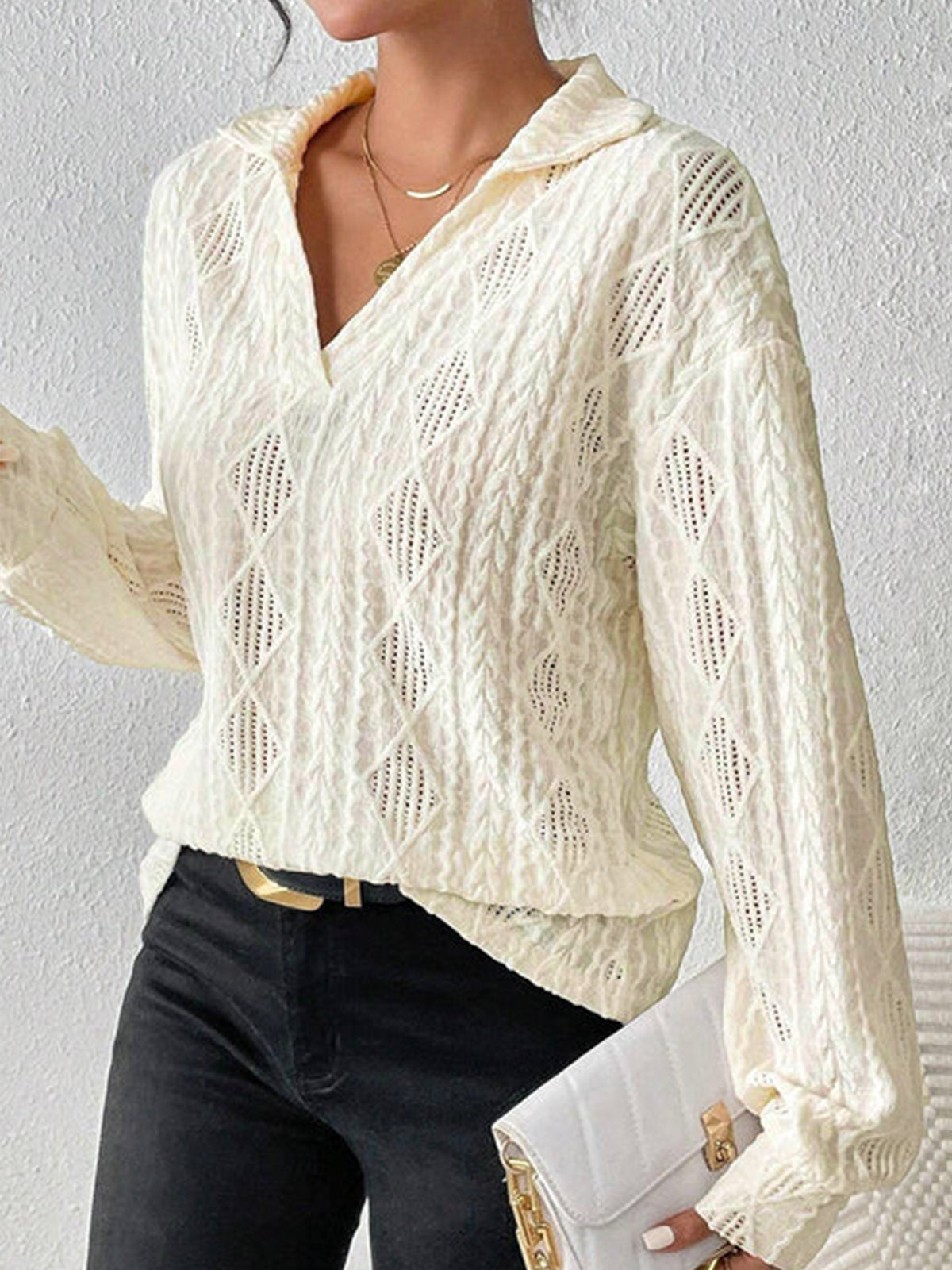 Kıvrımlı Kelebekli Polo Tişört Uzun Kol Ekru