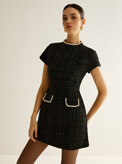 Şık Kısa Kollu Tweed Abiye Elbise