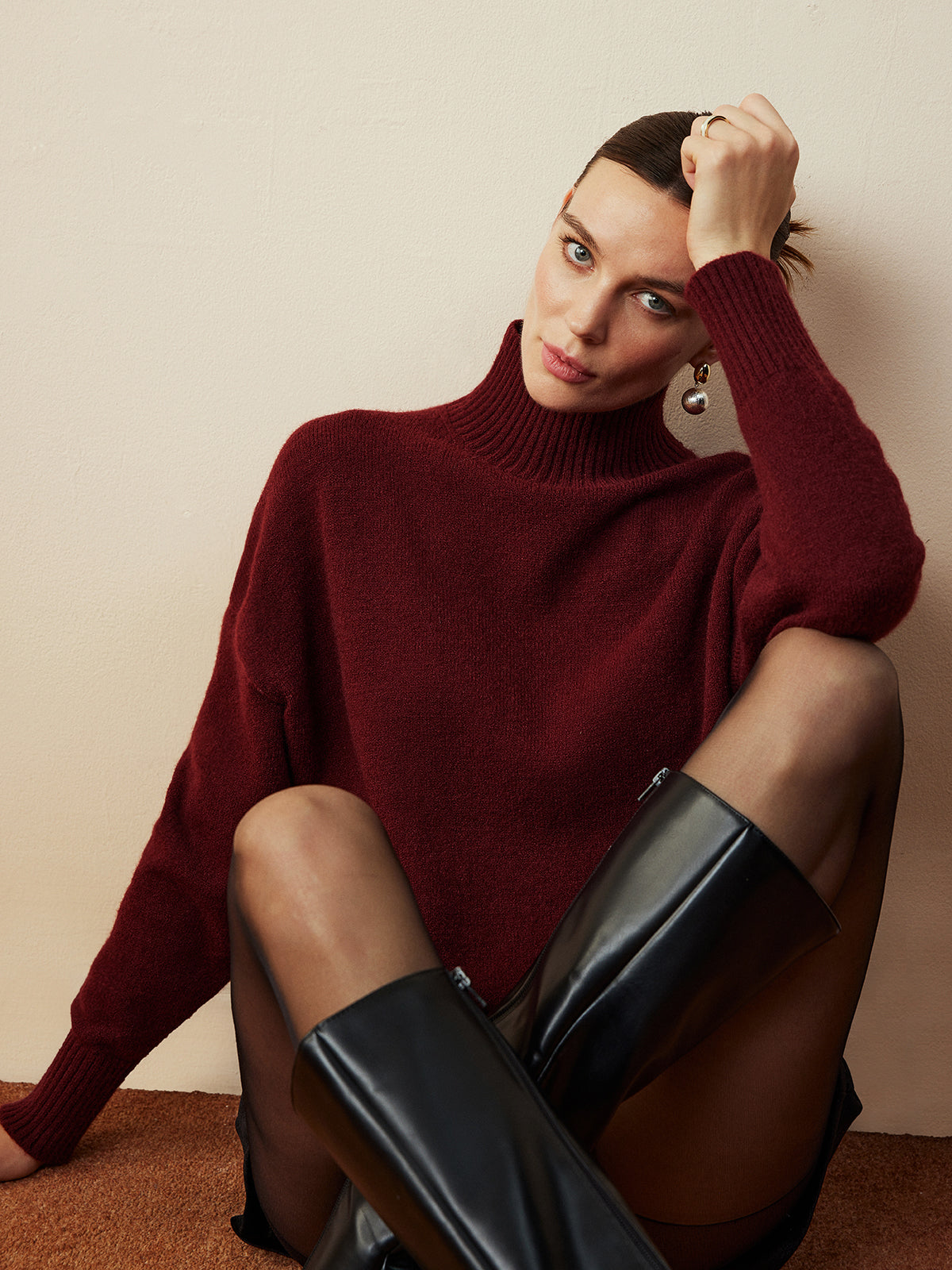 Yüksek Yaka Salaş Kazak Kırmızı Uzun Kollu