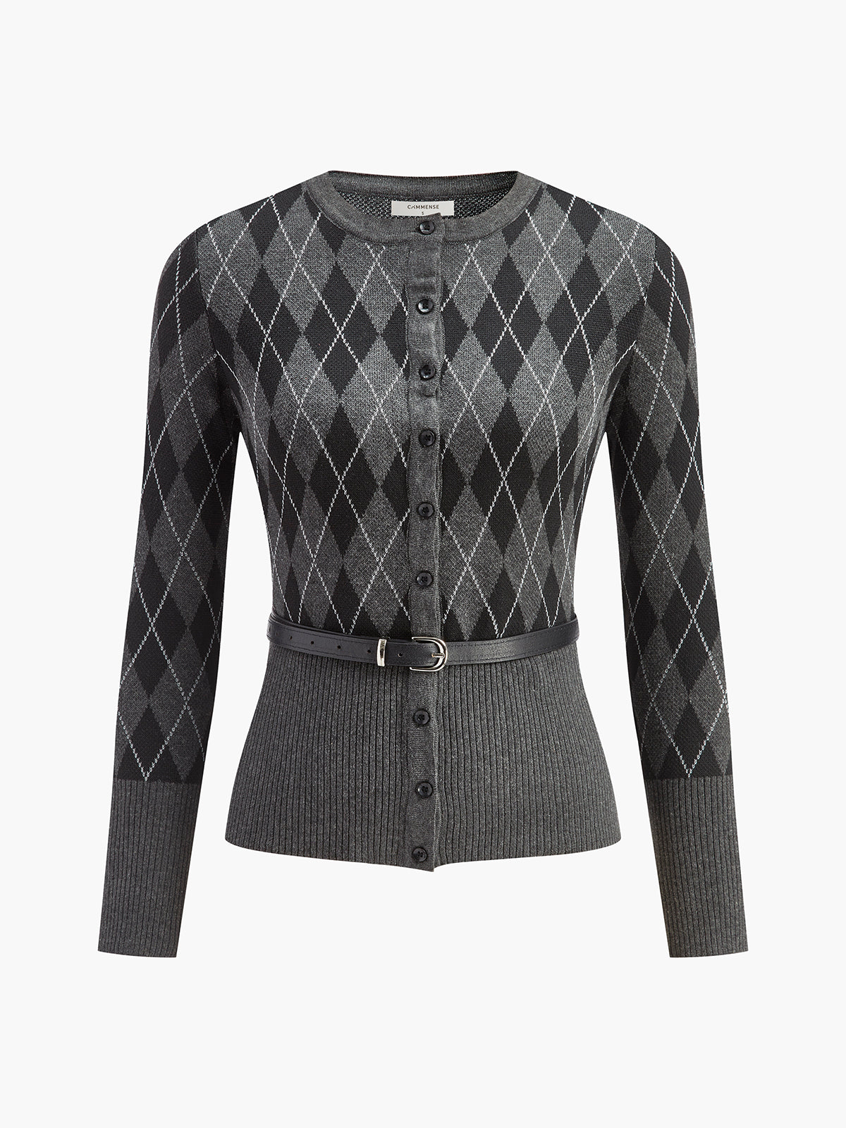 Kemerli Geometrik Desenli Hırka Gri Uzun Kollu