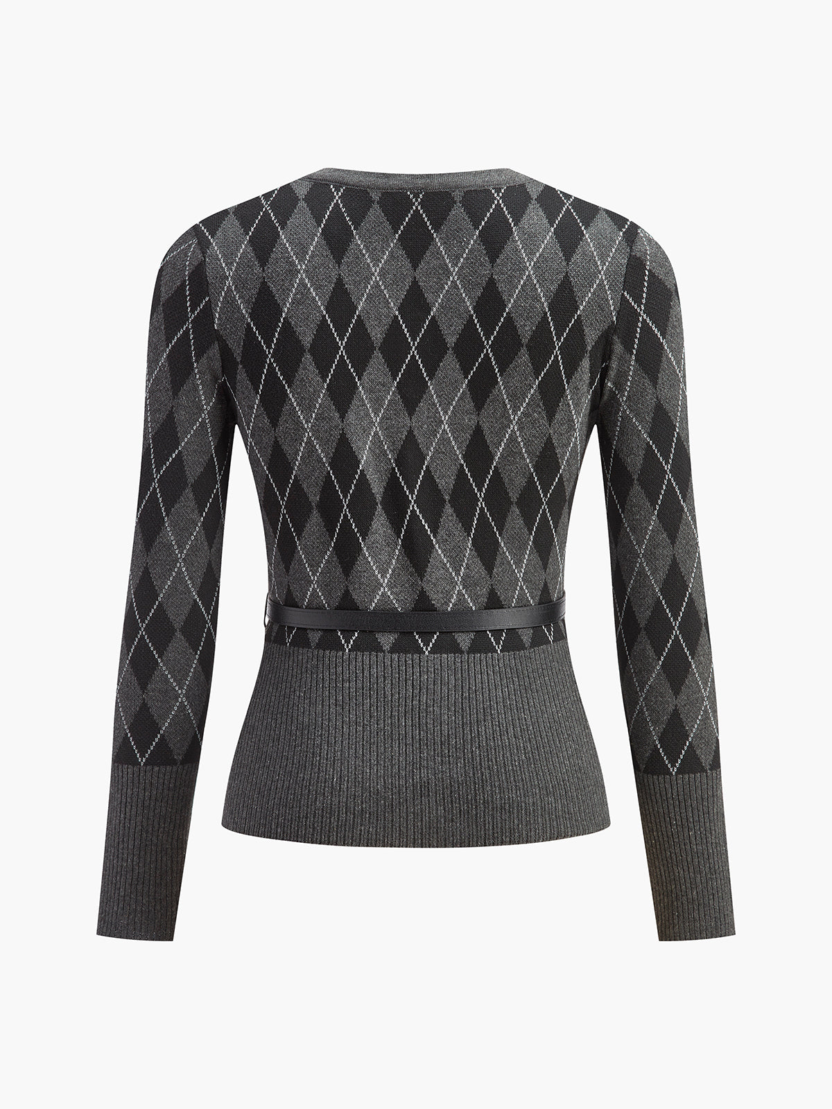 Kemerli Geometrik Desenli Hırka Gri Uzun Kollu