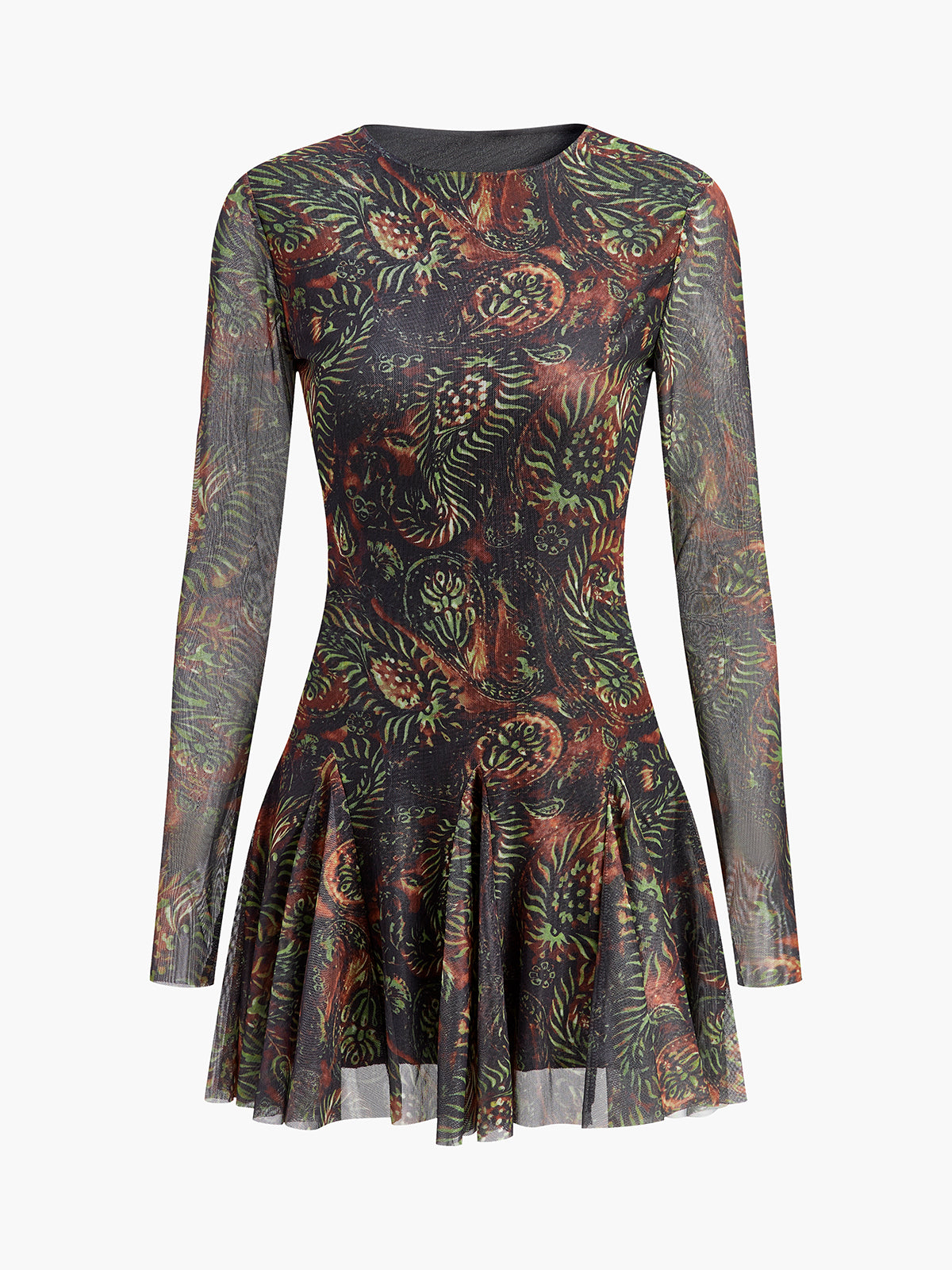 Retro Tie-Dye Baskılı Ağ Elbise Uzun Kol Koyu Kahverengi