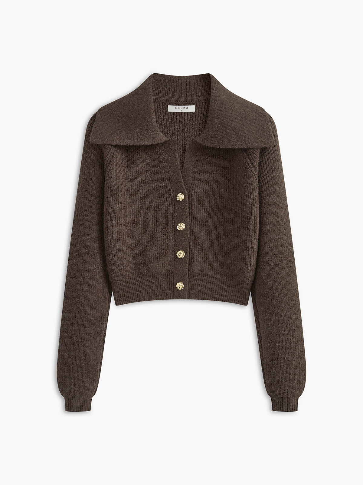 Düğmeli Yakalı Kısa Triko Hırka Koyu Kahverengi Metal Detaylı