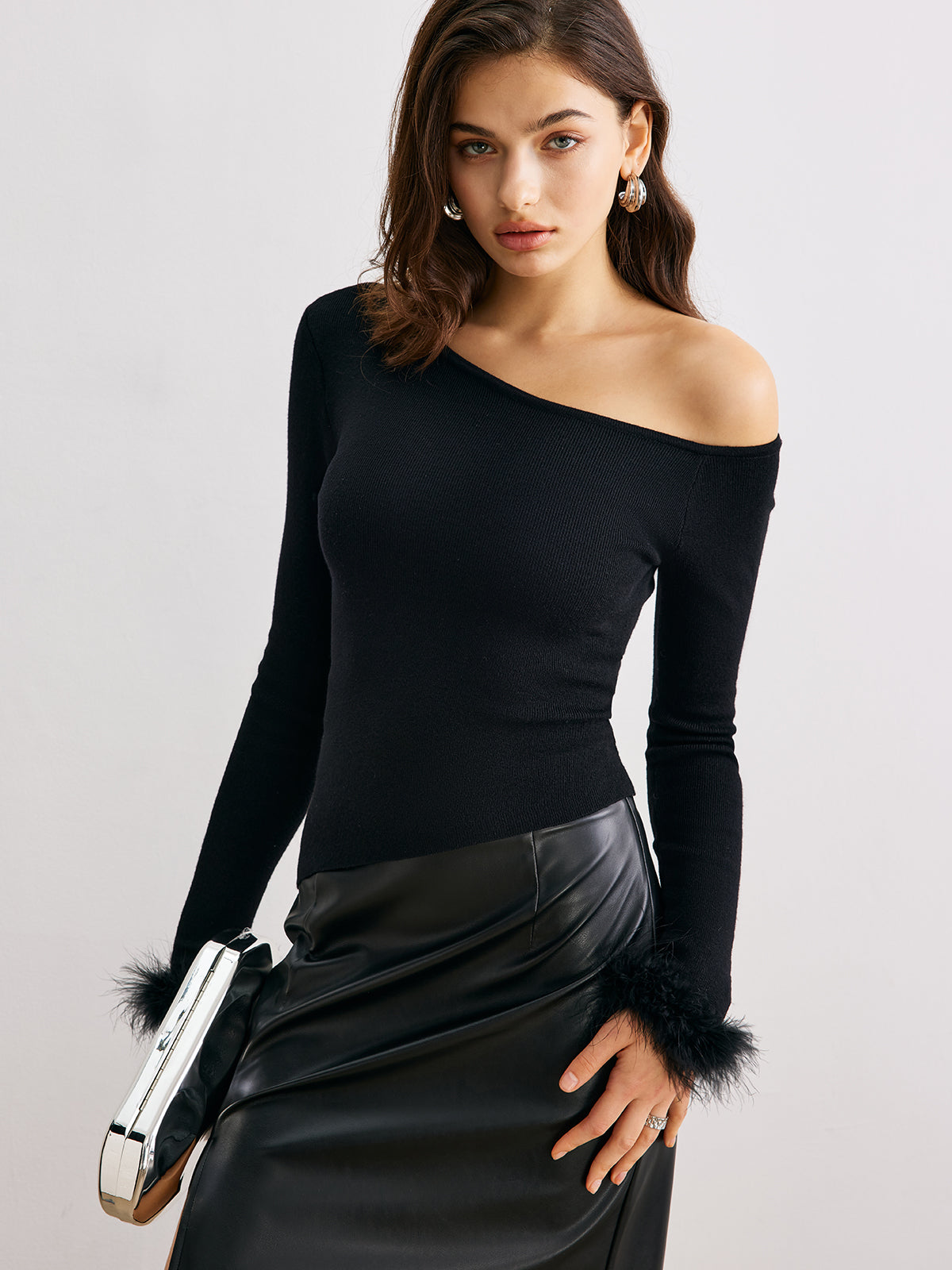 Asimetrik Yaka Kaşmir Slim Kazak Siyah