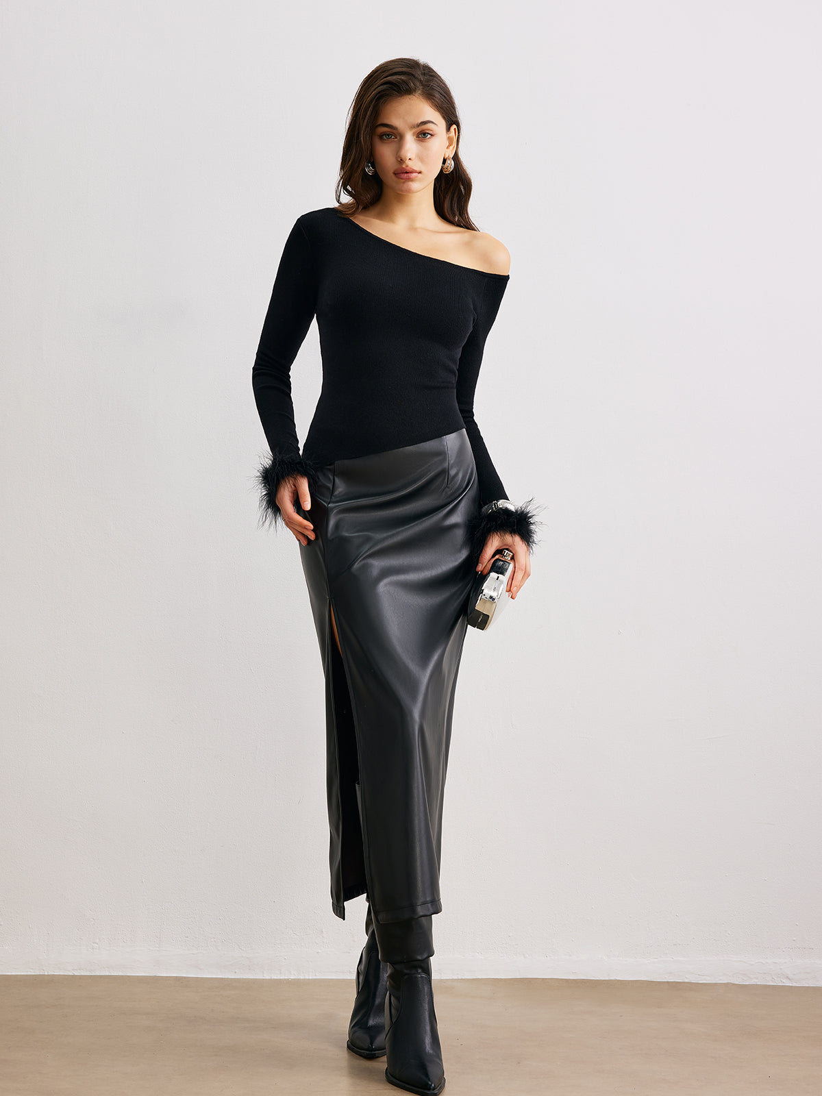 Asimetrik Yaka Kaşmir Slim Kazak Siyah