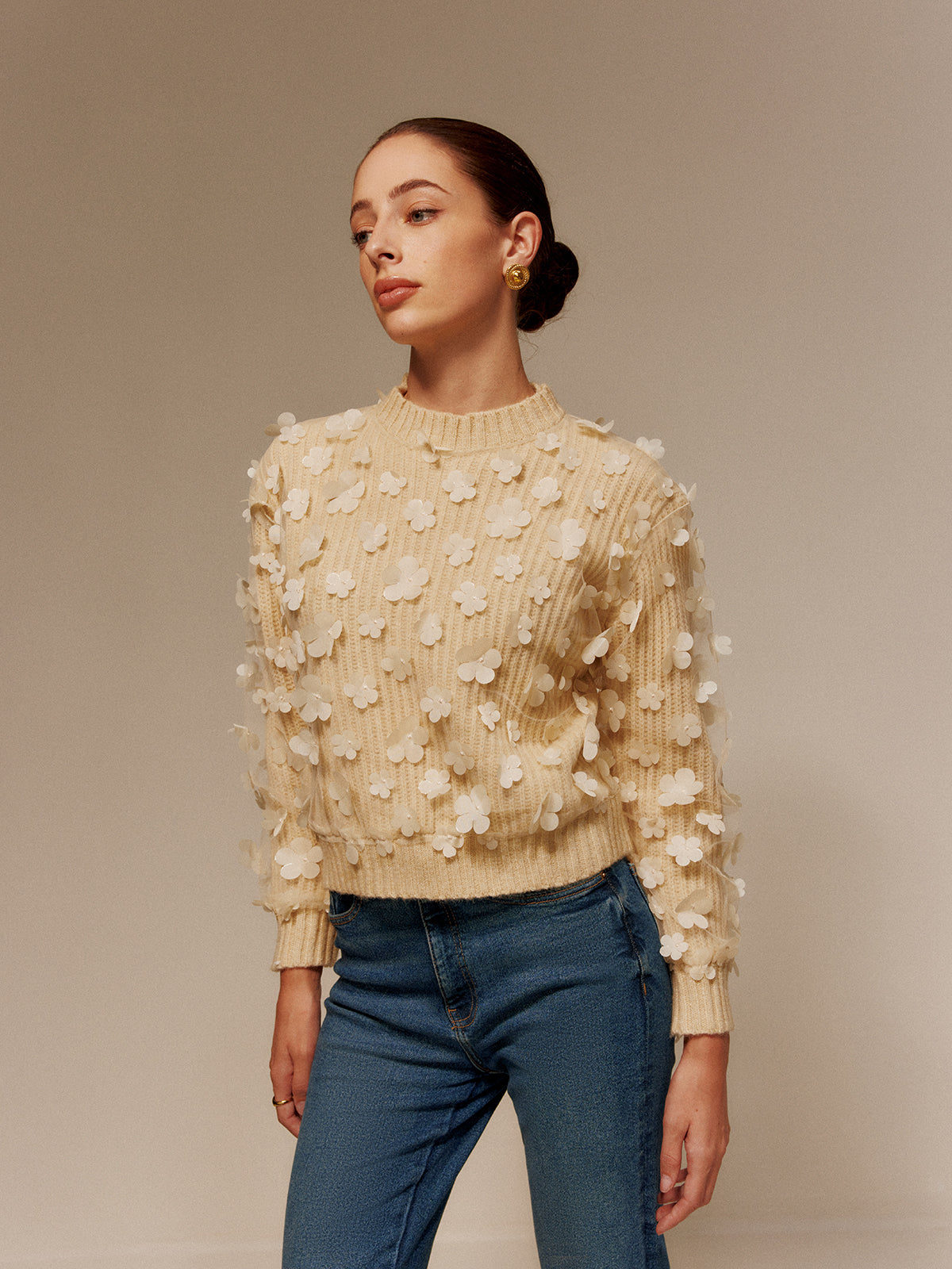 Çiçekli Kısa Kazak Ekru Şeffaf Detaylı Uzun Kollu