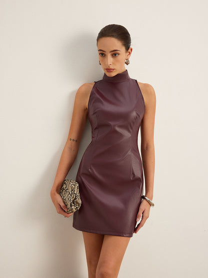 Şık Dikey Yaka Suni Deri Abiye Bodycon Kolsuz Elbise