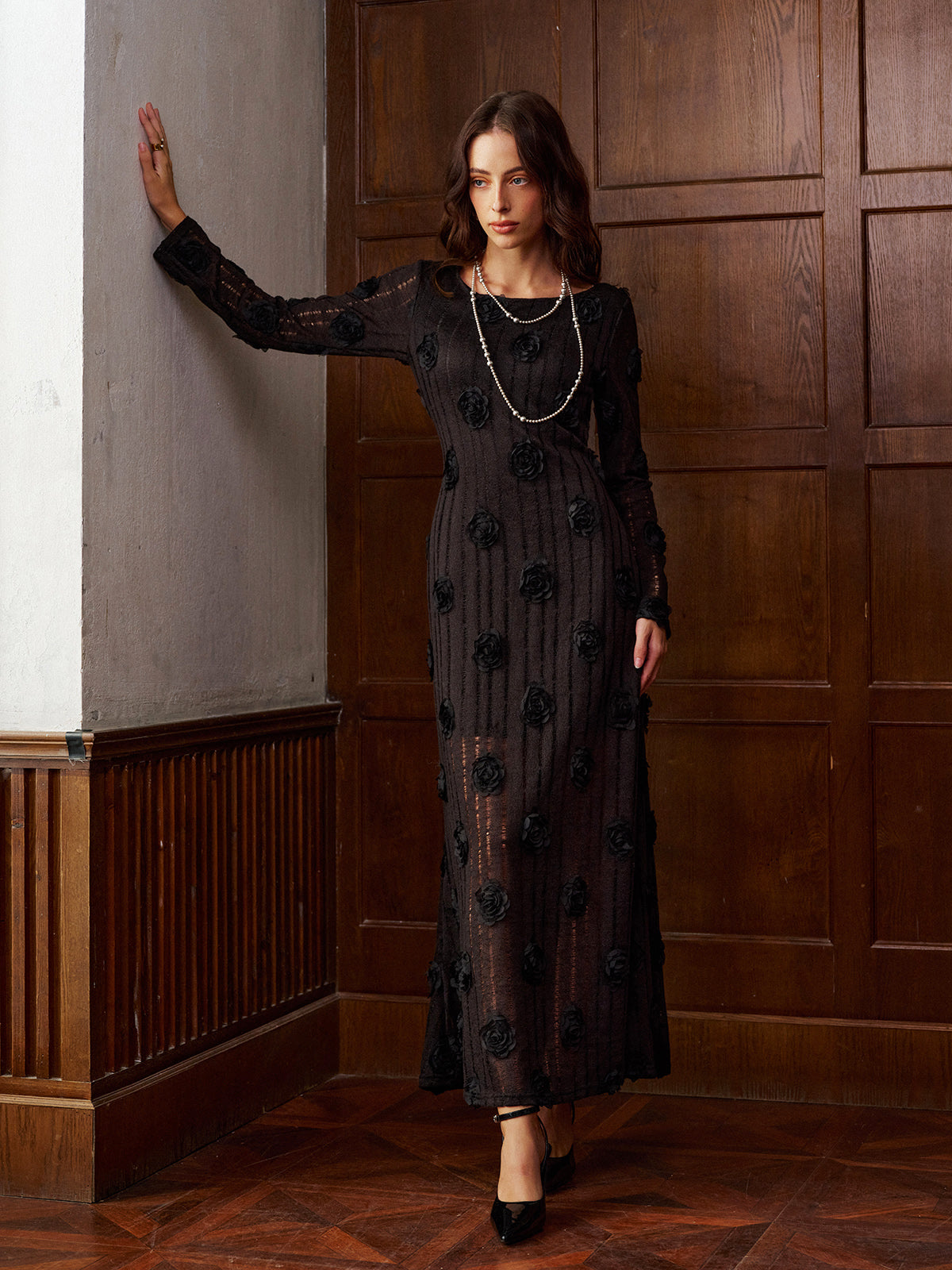 3D Çiçekli Uzun Kollu Abiye Elbise Siyah Jakar Kumaş