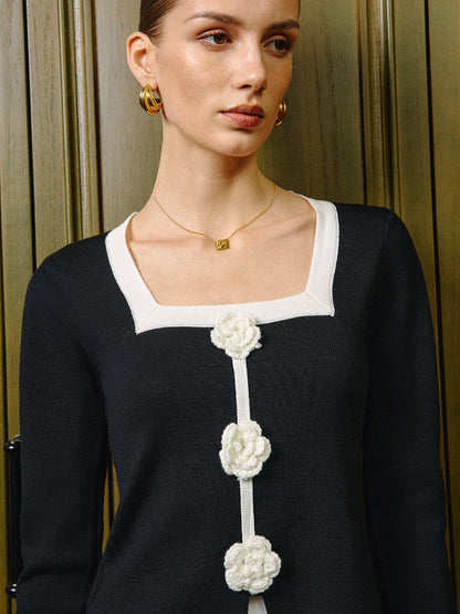 Şık 3D Çiçek Desenli Triko Üst, Şık Kontrast Dikiş ile