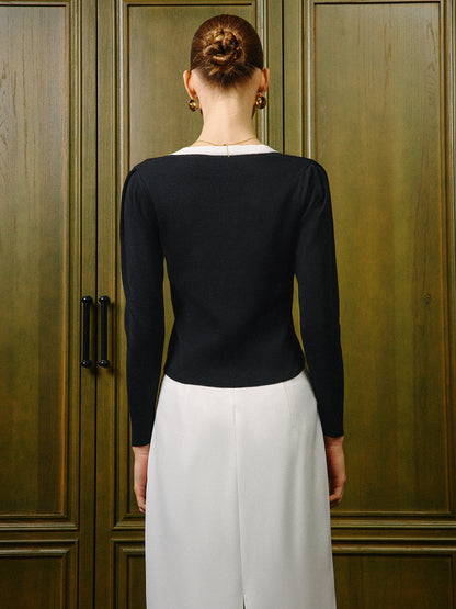 Şık 3D Çiçek Desenli Triko Üst, Şık Kontrast Dikiş ile