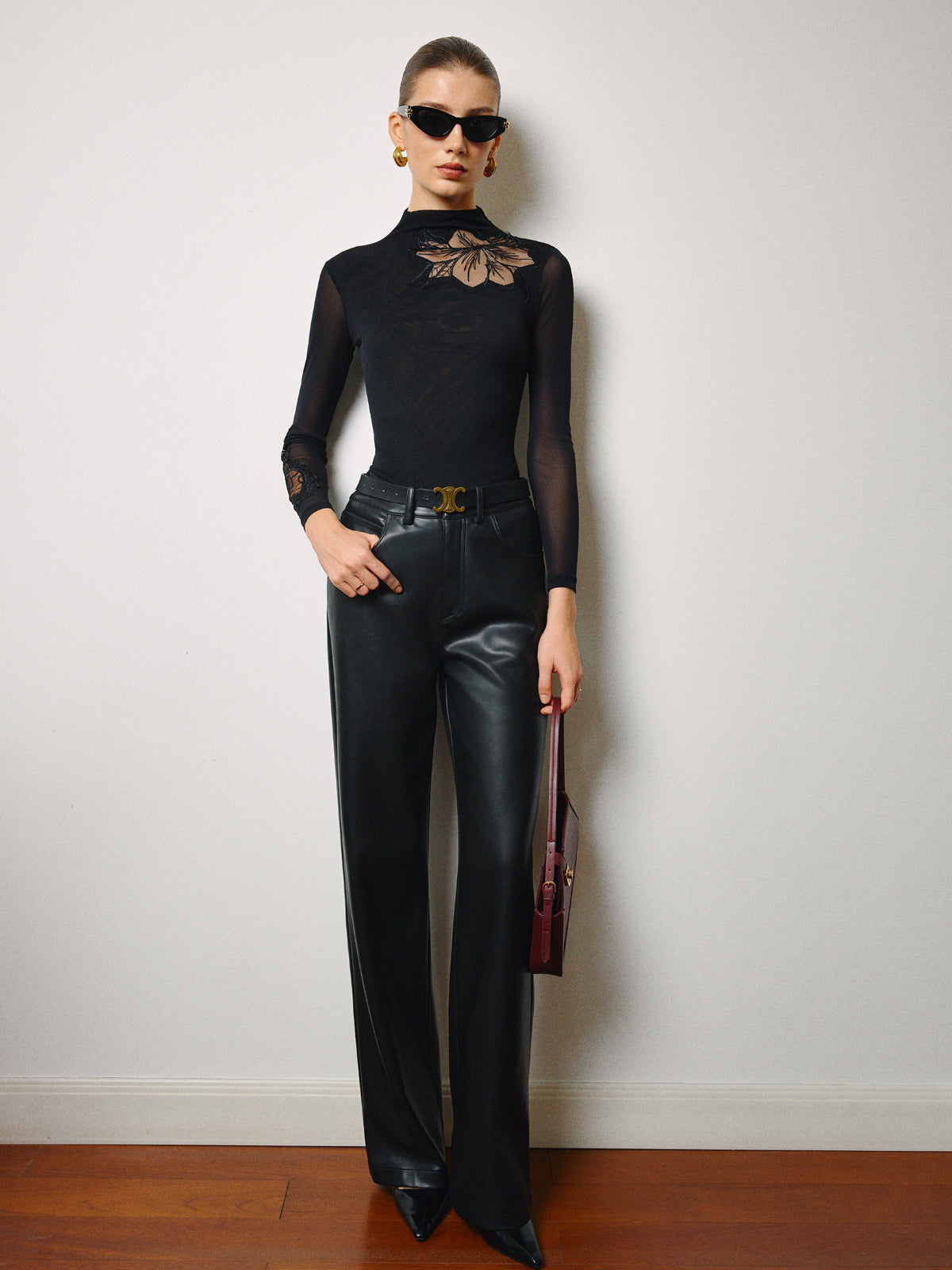 Şık File Çiçekli Dar Kesim Jarse Bluz Siyah Uzun Kol