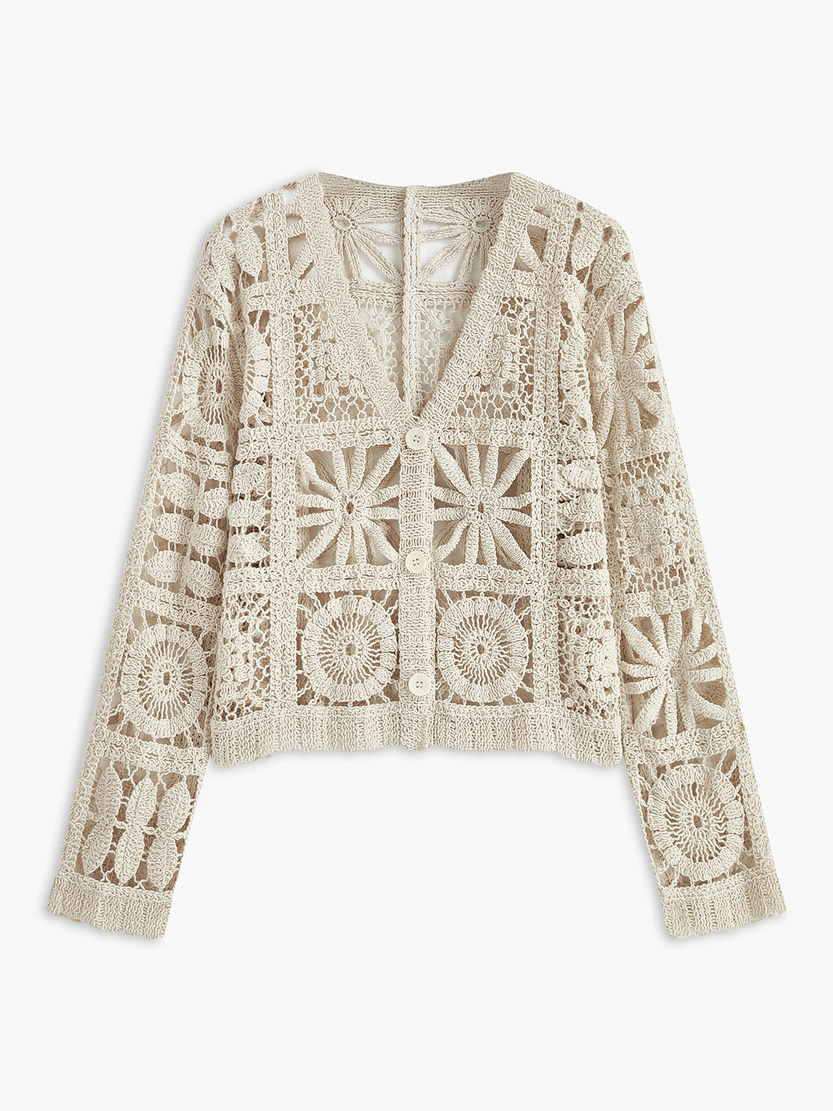 Düğmeli Açık Hırka Bej Kıvrımlı Kare Tasarım